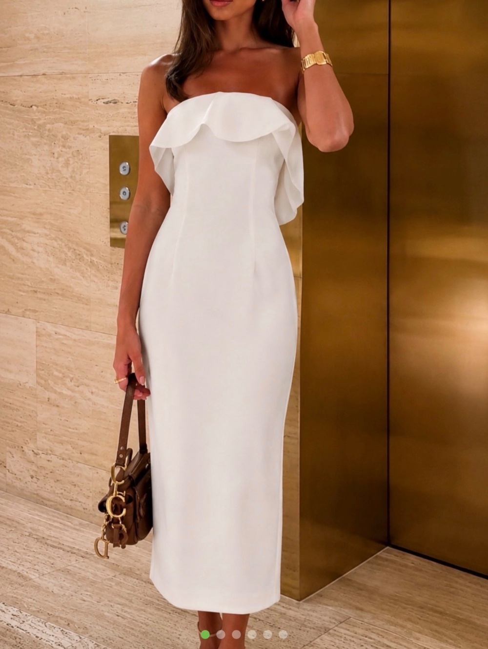 BHLDN White Strapless Midi Dress with Ruffle Detail